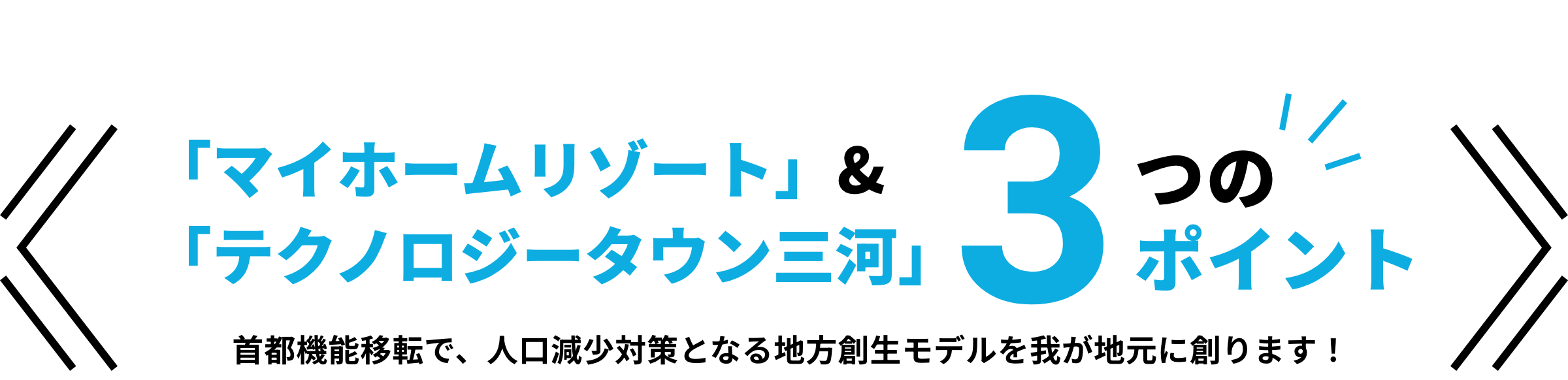 「マイホームリゾート」&
        「テクノロジータウン三河」3つのポイント 首都機能移転で、人口減少対策となる地方創生モデルを我が地元に創ります！